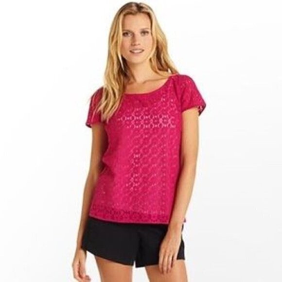 Lilly Pulitzer sz S Hot Pink Poppy Floral Sheer Lace Short Sleeve Top Fuchsia - Picture 1 of 8